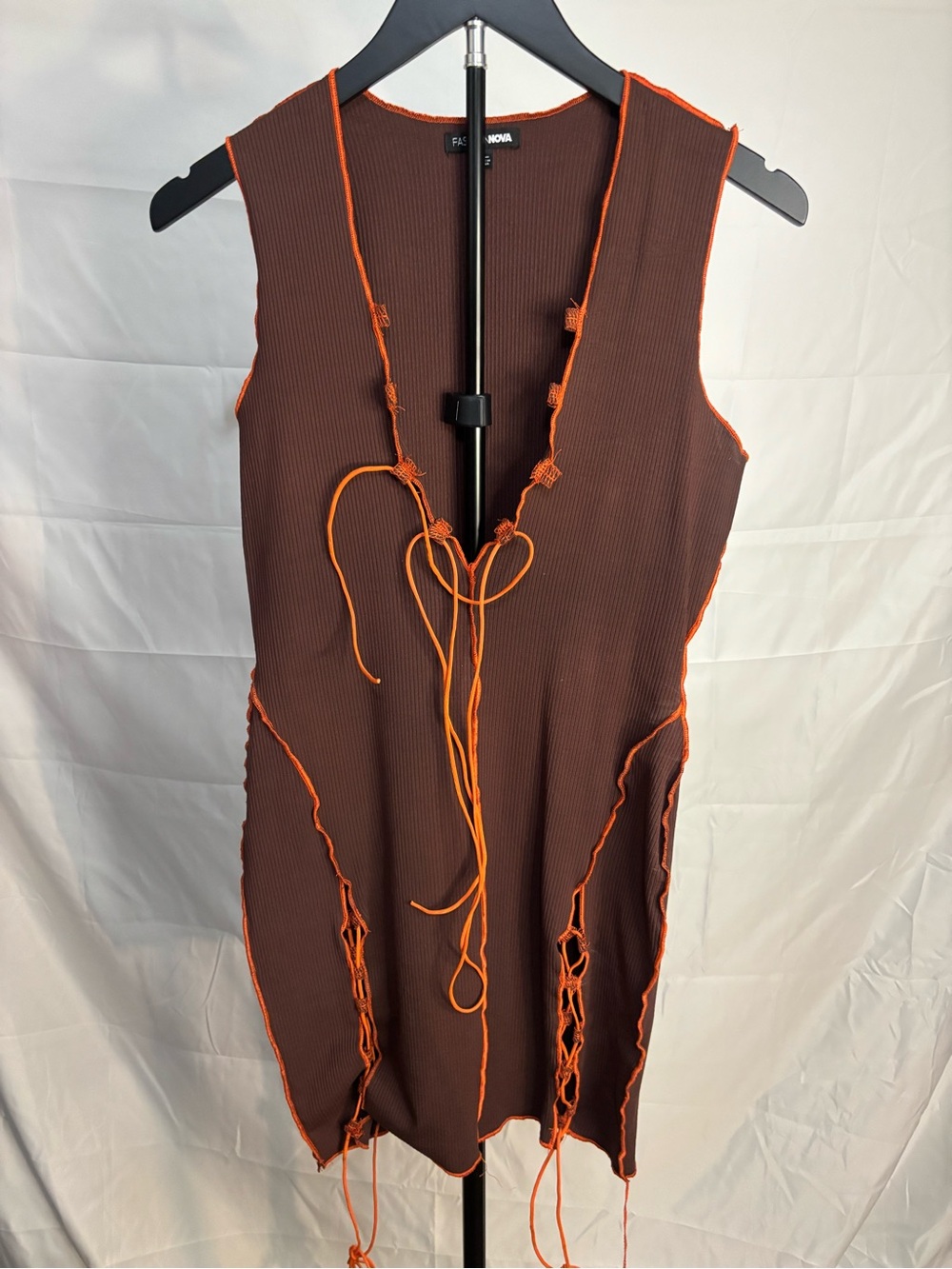 Fashion Nova Brown Ribbed Sleeveless Dress with Orange Trim
